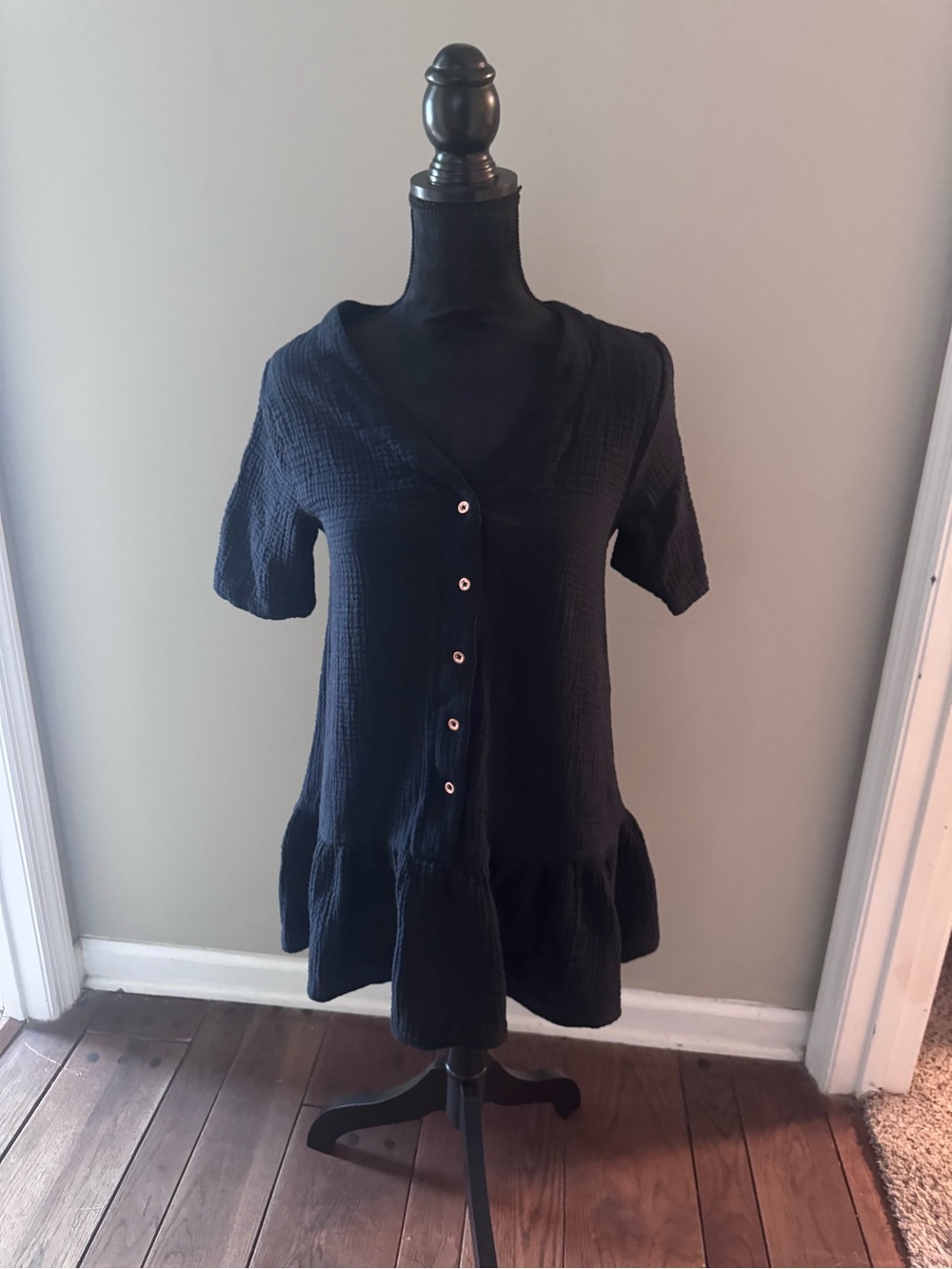 Textured Black Button-Front bathing suit coverup